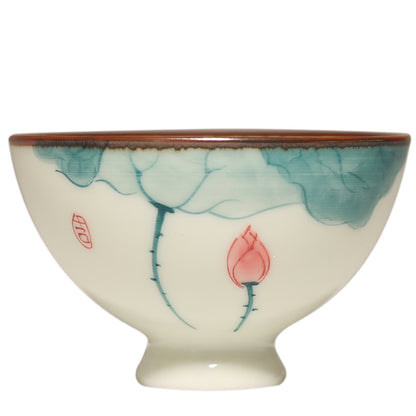 Chinese tea bowl with floral design, showcasing elegant craftsmanship in ceramic drinkware.
