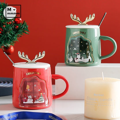 easy grip coffee mug set in festive Christmas colors with decorative antlers, perfect for holiday beverages.