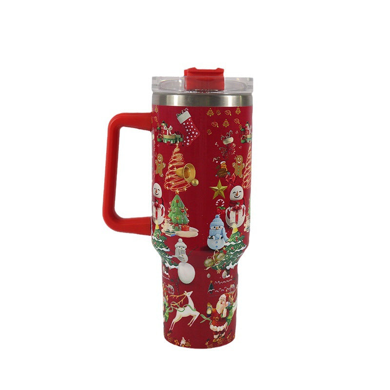 Christmas pattern mug with festive reindeer design and green handle, perfect for holiday beverages.