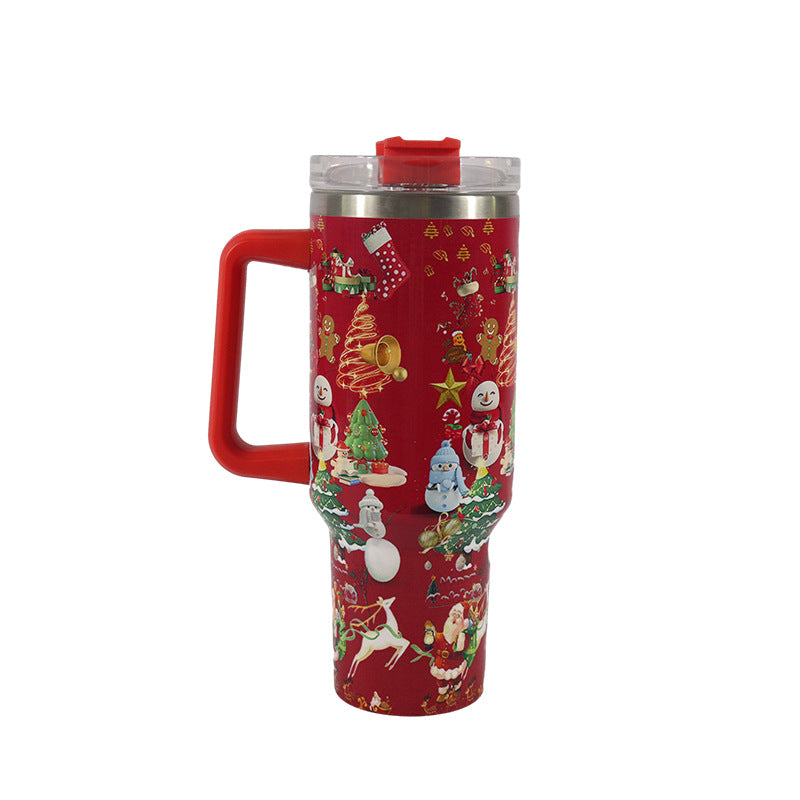 Christmas pattern mug with festive reindeer design and green handle, perfect for holiday beverages.