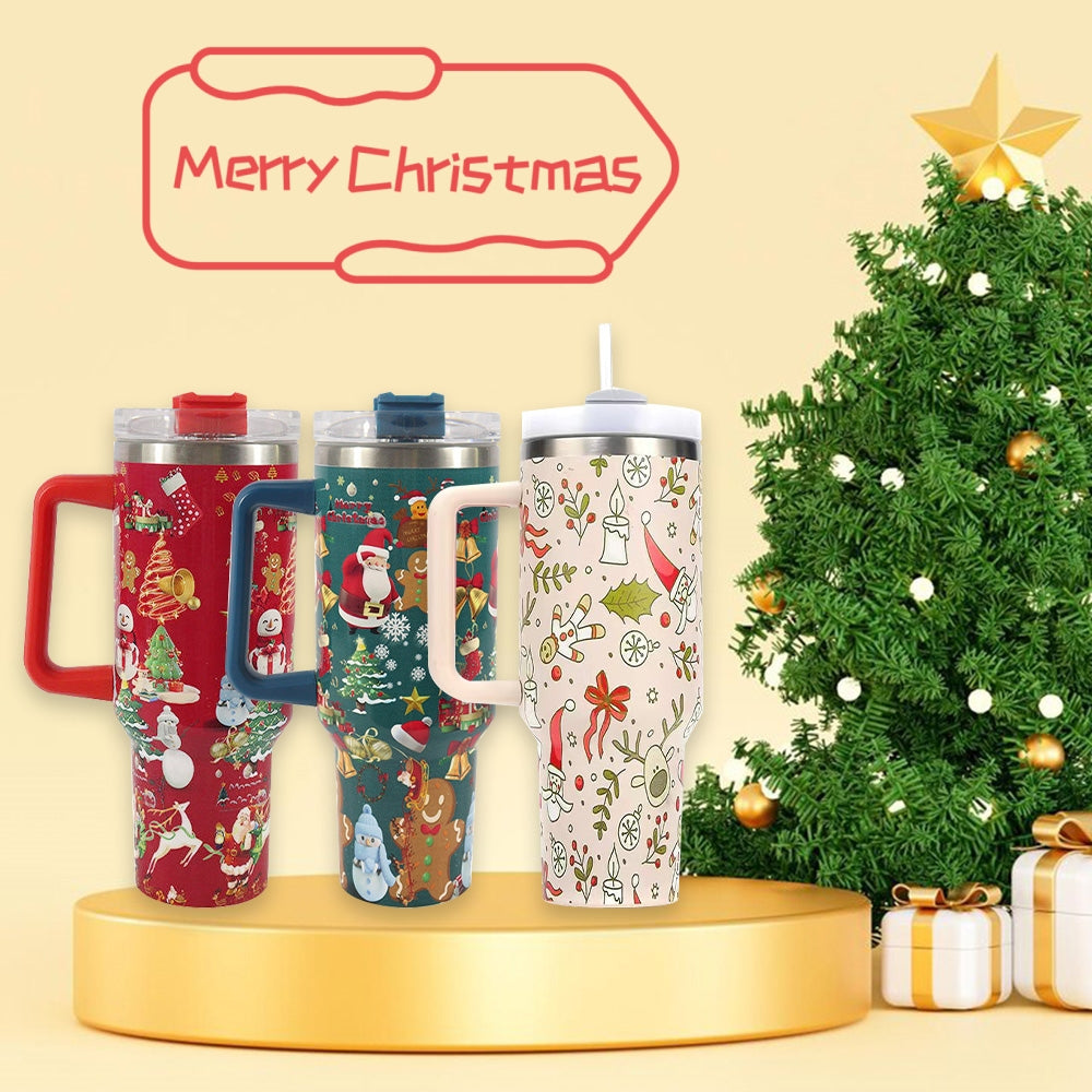 Christmas pattern mug with festive reindeer design and green handle, perfect for holiday beverages.