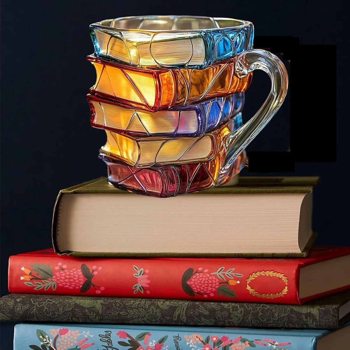 Book shaped glass mug featuring a colorful 3D design resembling a stack of illustrated books.