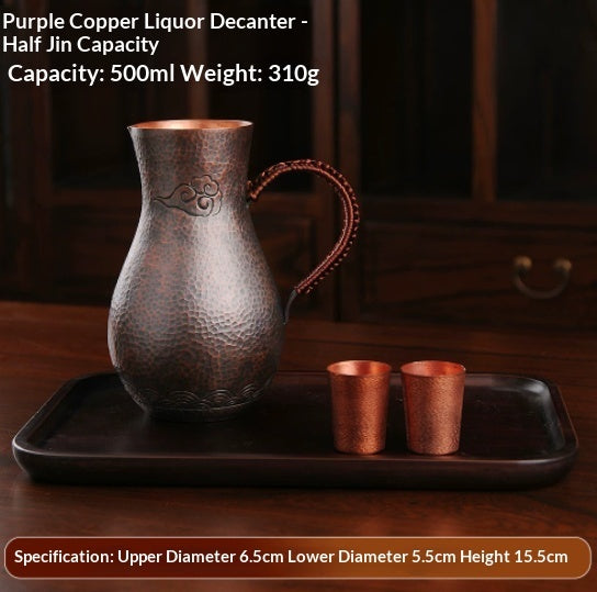Purple liquor pot with hammered copper finish and elegant handle, ideal for serving wine and spirits.