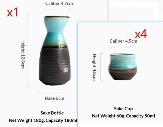 Pouring Japanese sake from a pot into two cups on a blue plate, showcasing Japanese sake pot elegance.