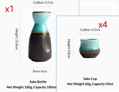 Pouring Japanese sake from a pot into two cups on a blue plate, showcasing Japanese sake pot elegance.