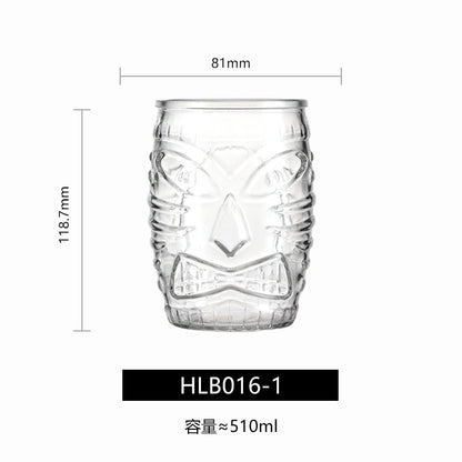 Transparent drinkware featuring unique embossed face designs in six cylindrical glass mugs.