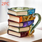 Book shaped glass mug featuring a colorful 3D design resembling a stack of illustrated books.