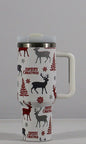 Christmas pattern mug with festive reindeer design and green handle, perfect for holiday beverages.