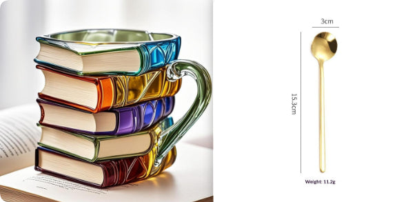 Book shaped glass mug featuring a colorful 3D design resembling a stack of illustrated books.