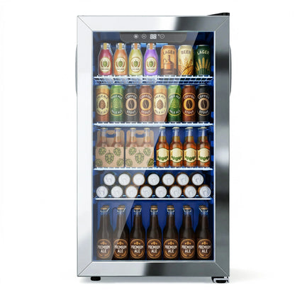 Beverage Refrigerator and Cooler, 130 Can Mini Fridge with Glass Door for Soda Beer for Office, Bar Adjustable Removable Shelves