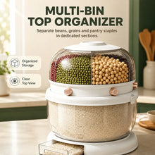 Double-layer, multi-compartment rotatable rice container with a one-touch rice drawer function, airtight grain storage jar, top cover with four compartments, white transparent large-capacity grain storage jar, ideal for stori