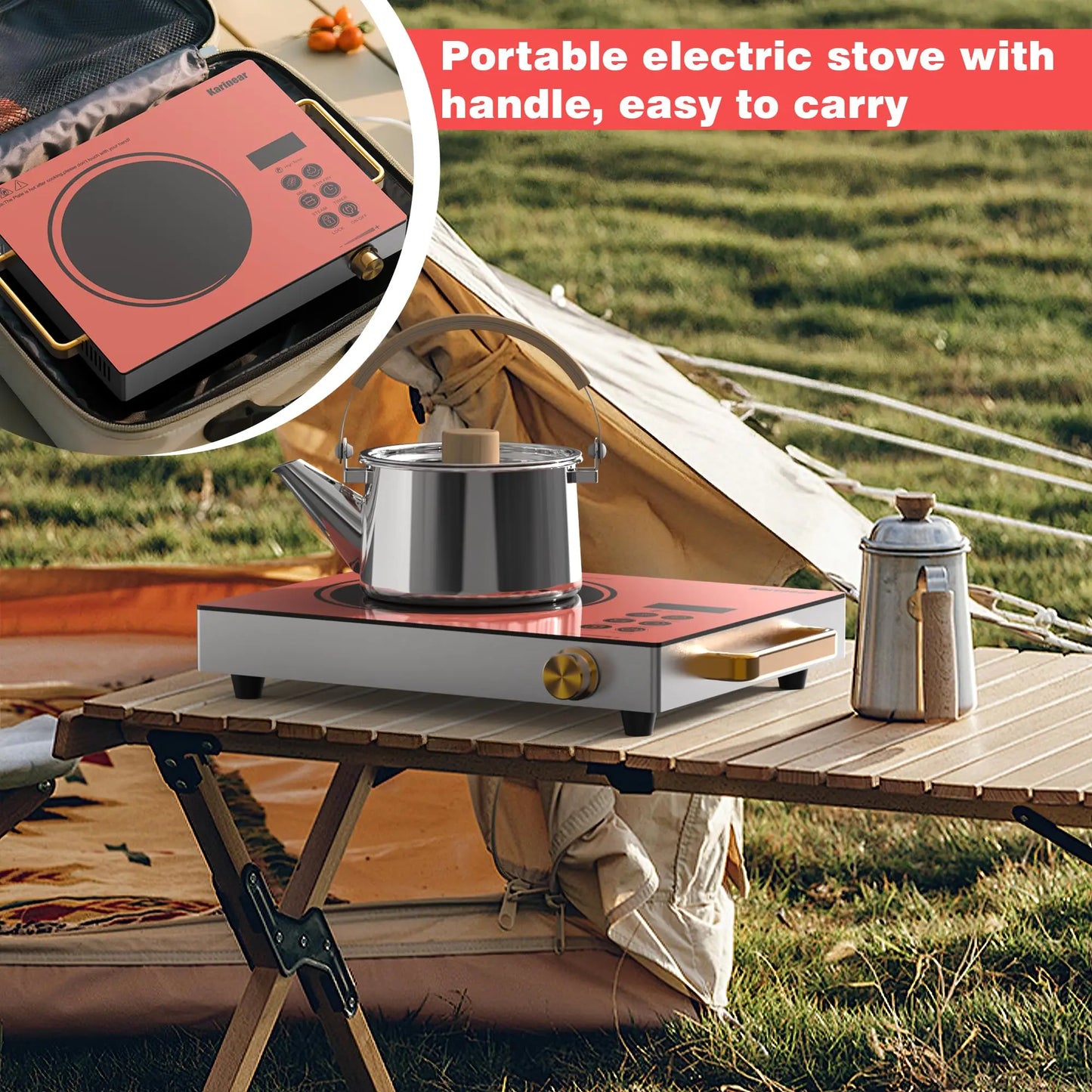 Karinear Portable Electric Stove 110V, 1800W Electric Hot Plate with Handle, Knob Control Single Burner Electri Cooktop, Ceramic Infrared Countertop Burner, Timer, Safety Lock(Pink)