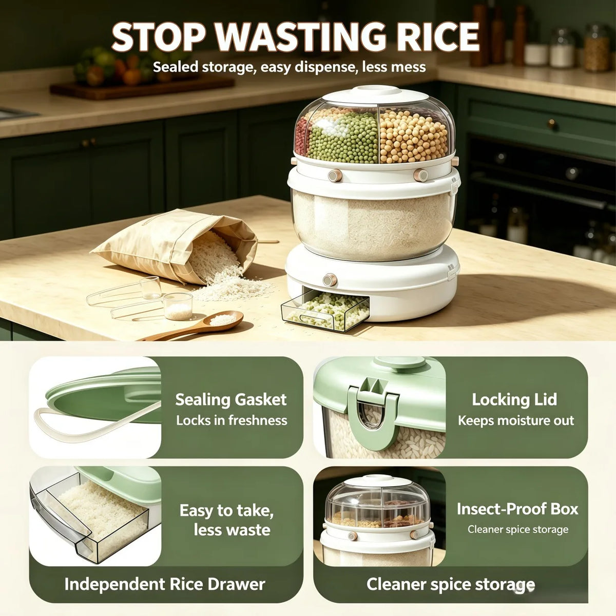 Double-layer, multi-compartment rotatable rice container with a one-touch rice drawer function, airtight grain storage jar, top cover with four compartments, white transparent large-capacity grain storage jar, ideal for stori