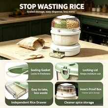 Double-layer, multi-compartment rotatable rice container with a one-touch rice drawer function, airtight grain storage jar, top cover with four compartments, white transparent large-capacity grain storage jar, ideal for stori