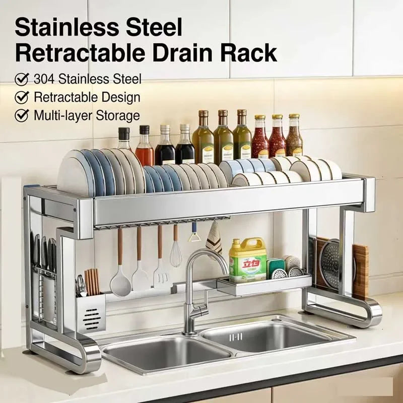 Over Sink Dish Drying Rack Stainless Steel Expandable Drain Bowl Holder Shelf Kitchen Counter Dish Storage Rack Hanger Shelves