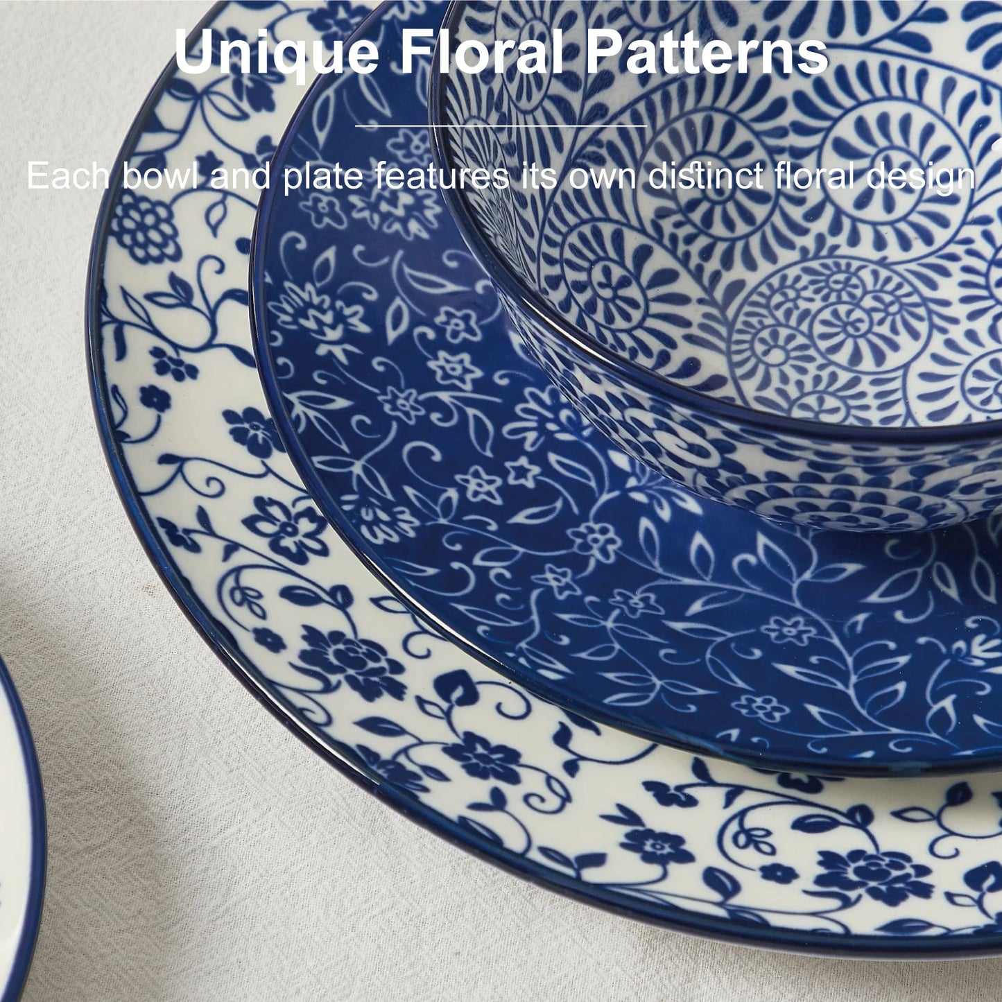 12pcs, Plates and Bowls, Dish Sets for 4 - Scratch Resistant, Dishwasher & Microwave Safe, Vintage Blue