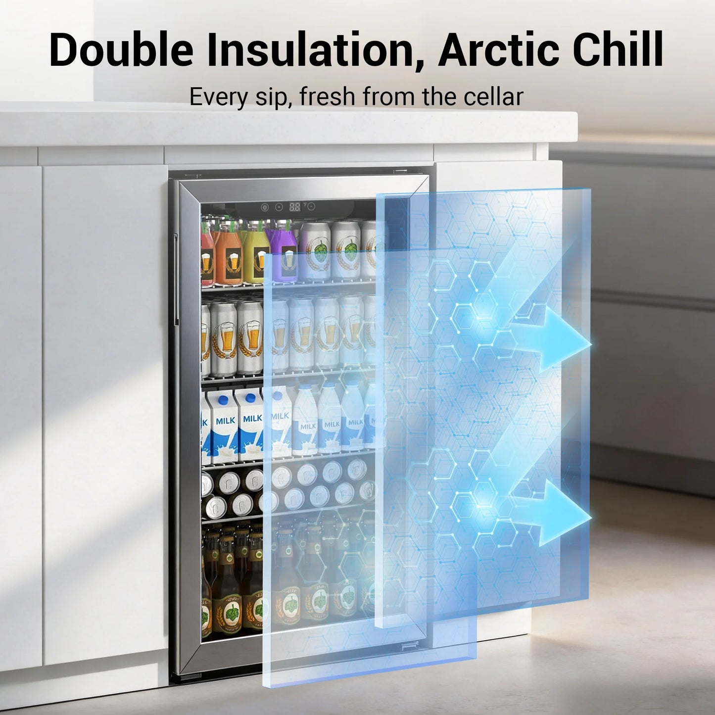 Beverage Refrigerator and Cooler, 130 Can Mini Fridge with Glass Door for Soda Beer for Office, Bar Adjustable Removable Shelves