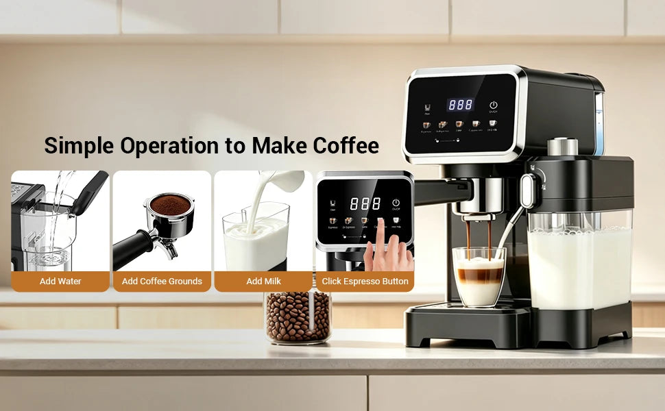 Espresso Machine with Color Touchscreen, 20 Bar Cappuccino Latte Machines with Automatic Milk Frother, Dual Boiler Stainless Steel Espresso Maker for Home, 1350W
