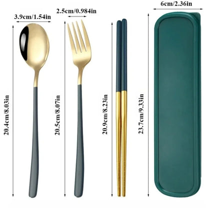 3-in-1 Stainless Steel Portable Utensil Set, Fork Spoon & Chopsticks Travel Cutlery for Picnic, Bento & Camping