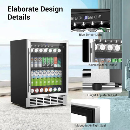 24 Inch Beverage Refrigerator 190 Cans Built-in/Freestanding Beverage Cooler Digital Memory Under Counter Beer Fridge Glass Door