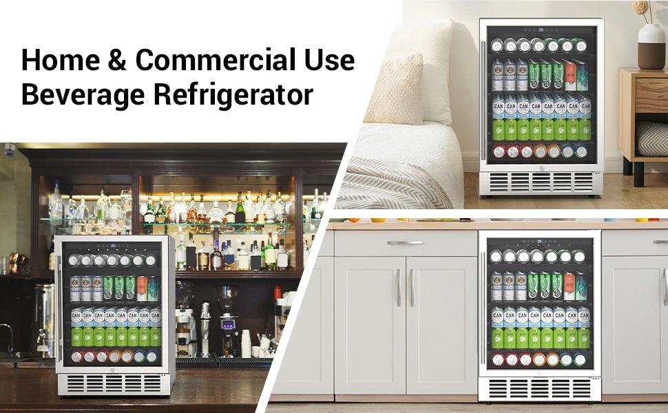 24 Inch Beverage Refrigerator 190 Cans Built-in/Freestanding Beverage Cooler Digital Memory Under Counter Beer Fridge Glass Door