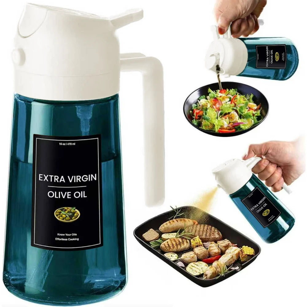 16oz/470ml Blue Glass Olive Oil Sprayer for Cooking - 2 in 1 Olive Oil Dispenser for Kitchen Gadgets, Air Fryer, Salad, and BBQ