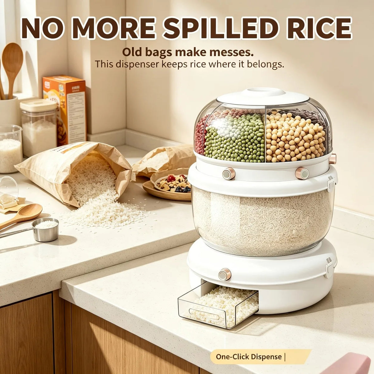 Double-layer, multi-compartment rotatable rice container with a one-touch rice drawer function, airtight grain storage jar, top cover with four compartments, white transparent large-capacity grain storage jar, ideal for stori