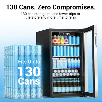 Beverage Refrigerator and Cooler, 130 Can Mini Fridge with Glass Door for Soda Beer for Office, Bar Adjustable Removable Shelves