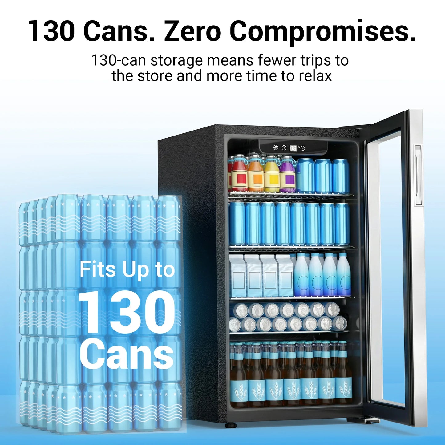 Beverage Refrigerator and Cooler, 130 Can Mini Fridge with Glass Door for Soda Beer for Office, Bar Adjustable Removable Shelves