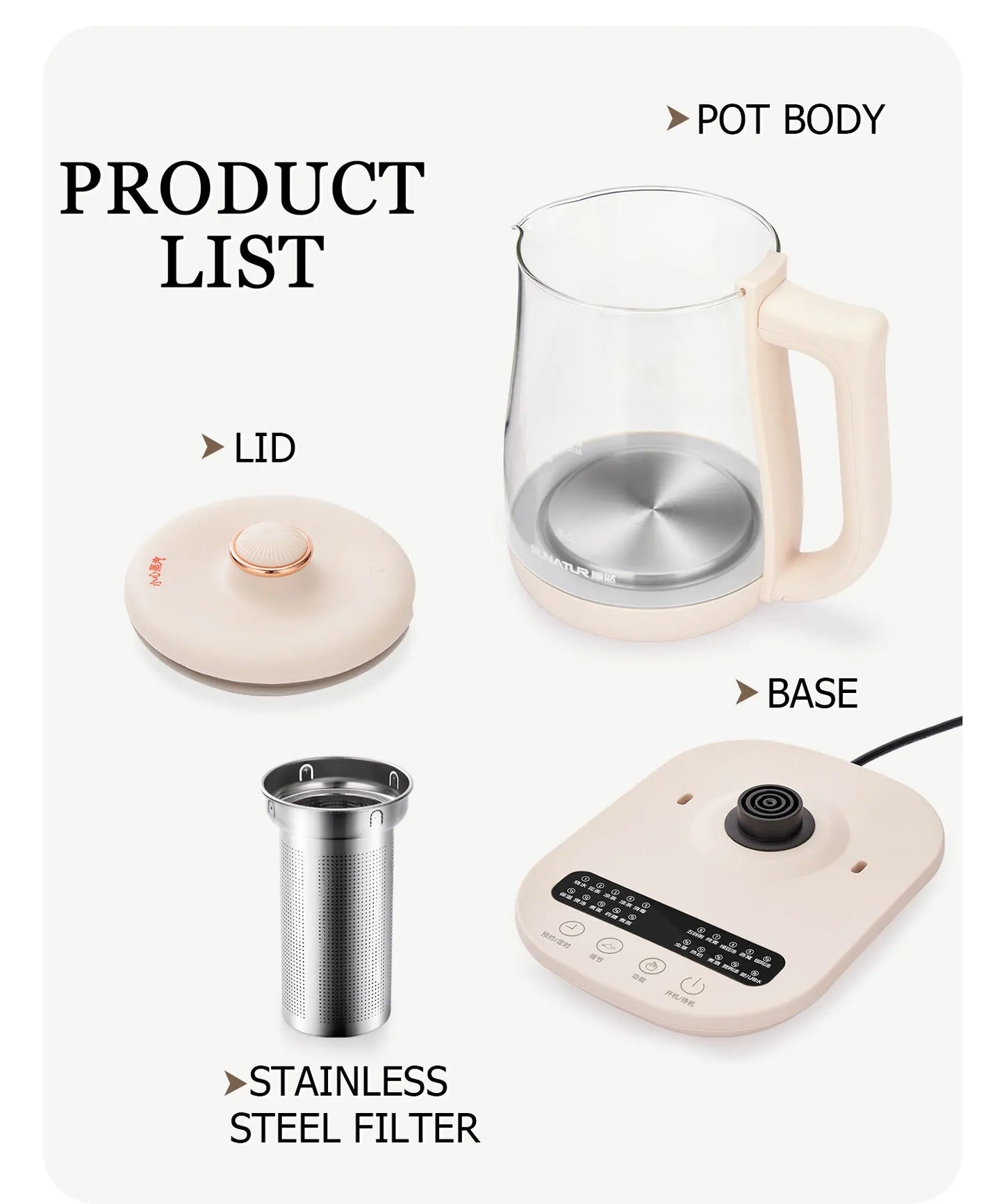SUNATUR Kettles Electric Glass 220V Multifunction Health Pot Milk Fruit Tea Coffee Water 800W 24-hour Heat Preservation