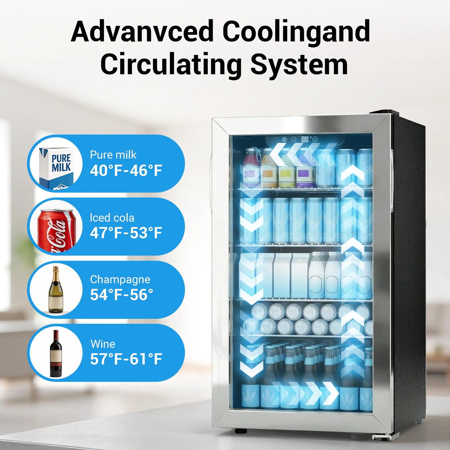 Beverage Refrigerator and Cooler, 130 Can Mini Fridge with Glass Door for Soda Beer for Office, Bar Adjustable Removable Shelves
