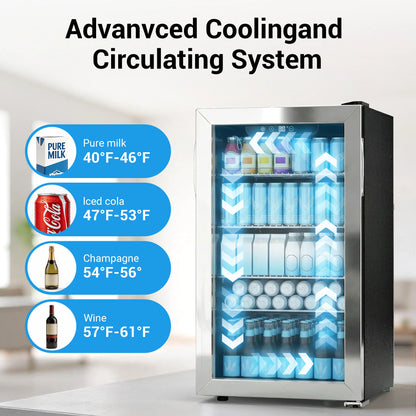 Beverage Refrigerator and Cooler, 130 Can Mini Fridge with Glass Door for Soda Beer for Office, Bar Adjustable Removable Shelves