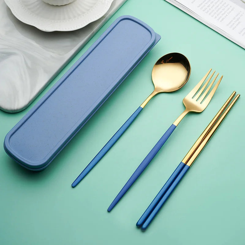 3-in-1 Stainless Steel Portable Utensil Set, Fork Spoon & Chopsticks Travel Cutlery for Picnic, Bento & Camping