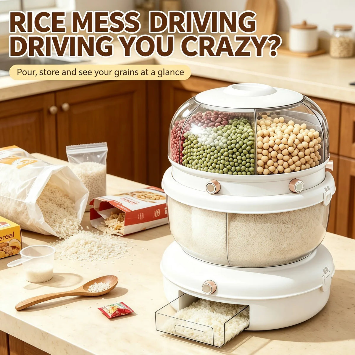 Double-layer, multi-compartment rotatable rice container with a one-touch rice drawer function, airtight grain storage jar, top cover with four compartments, white transparent large-capacity grain storage jar, ideal for stori