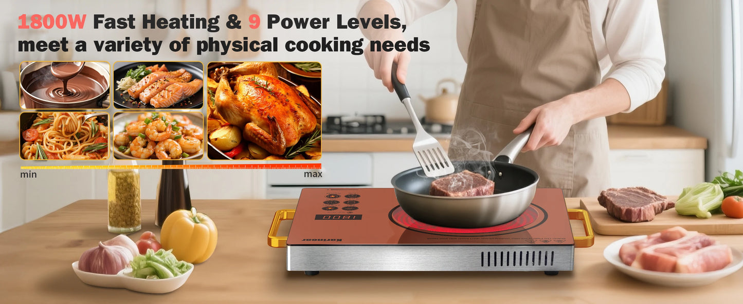 Karinear Portable Electric Stove 110V, 1800W Electric Hot Plate with Handle, Knob Control Single Burner Electri Cooktop, Ceramic Infrared Countertop Burner, Timer, Safety Lock(Pink)