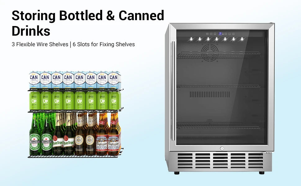 24 Inch Beverage Refrigerator 190 Cans Built-in/Freestanding Beverage Cooler Digital Memory Under Counter Beer Fridge Glass Door