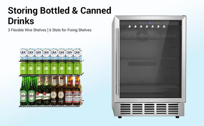 24 Inch Beverage Refrigerator 190 Cans Built-in/Freestanding Beverage Cooler Digital Memory Under Counter Beer Fridge Glass Door