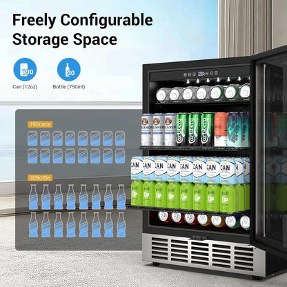 24 Inch Beverage Refrigerator 190 Cans Built-in/Freestanding Beverage Cooler Digital Memory Under Counter Beer Fridge Glass Door