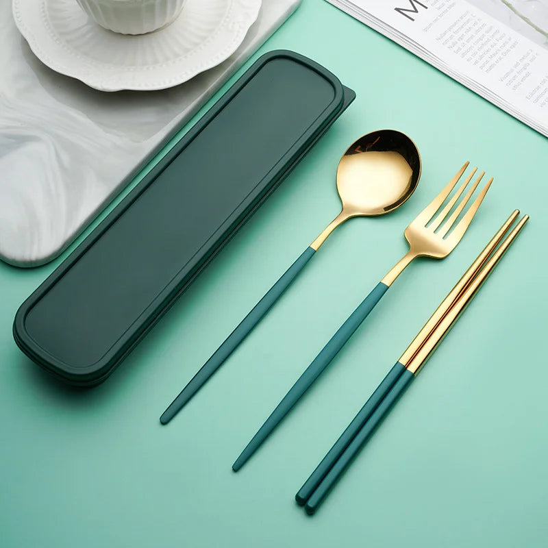 3-in-1 Stainless Steel Portable Utensil Set, Fork Spoon & Chopsticks Travel Cutlery for Picnic, Bento & Camping