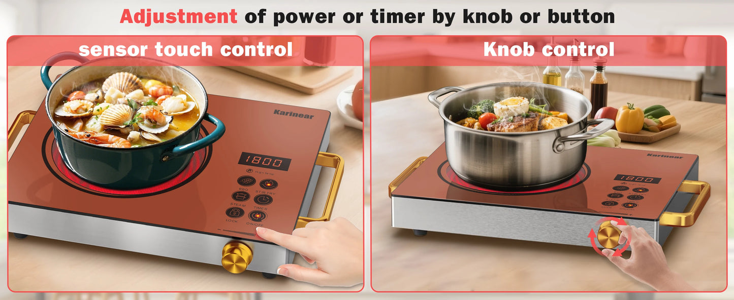 Karinear Portable Electric Stove 110V, 1800W Electric Hot Plate with Handle, Knob Control Single Burner Electri Cooktop, Ceramic Infrared Countertop Burner, Timer, Safety Lock(Pink)