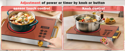 Karinear Portable Electric Stove 110V, 1800W Electric Hot Plate with Handle, Knob Control Single Burner Electri Cooktop, Ceramic Infrared Countertop Burner, Timer, Safety Lock(Pink)