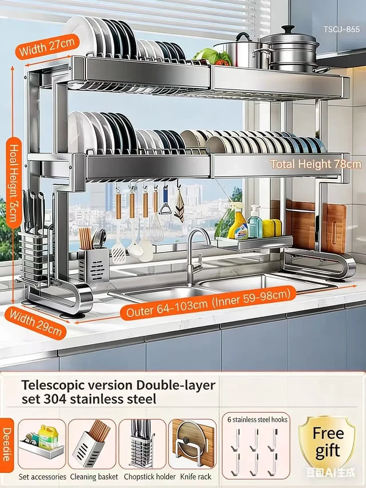 Over Sink Dish Drying Rack Stainless Steel Expandable Drain Bowl Holder Shelf Kitchen Counter Dish Storage Rack Hanger Shelves