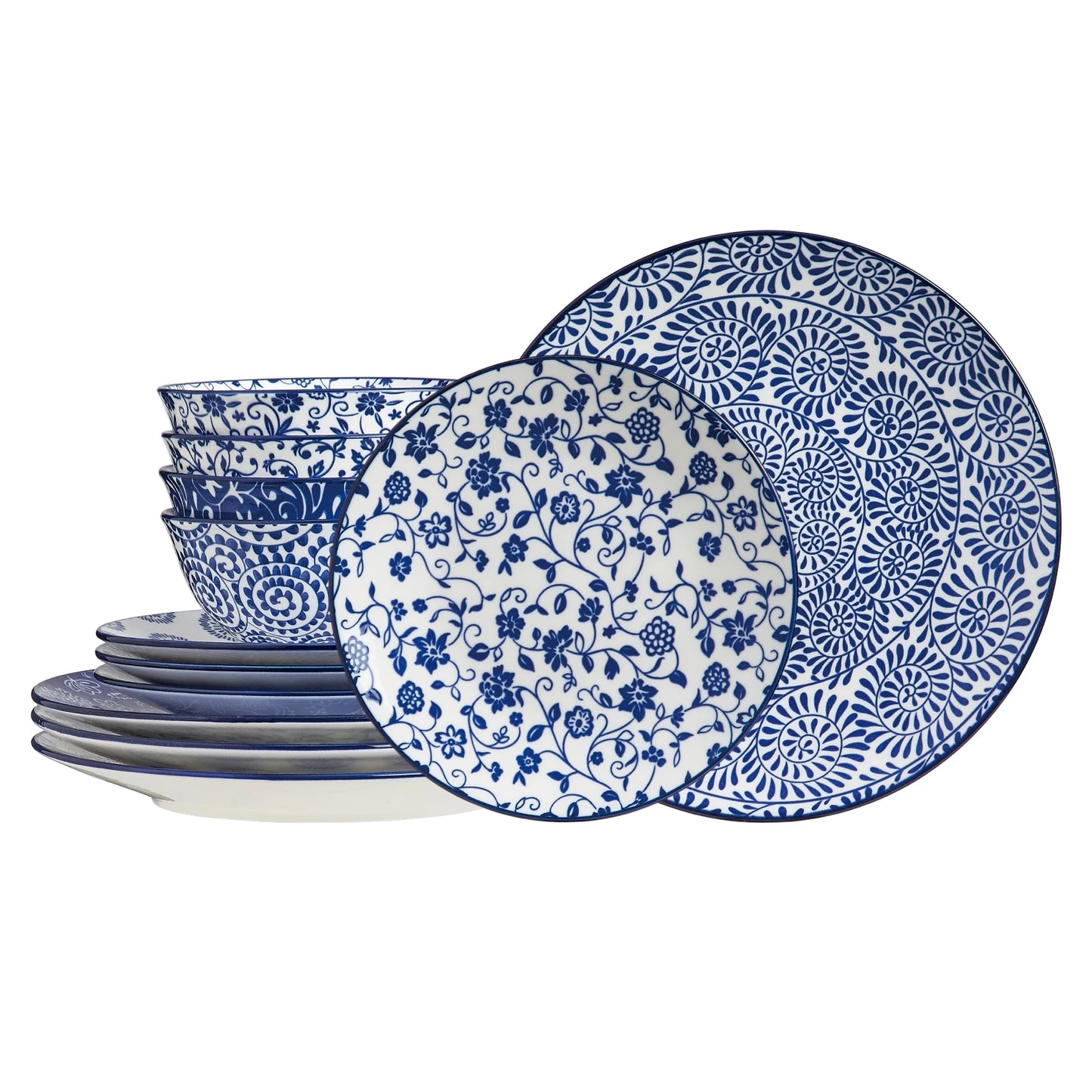 12pcs, Plates and Bowls, Dish Sets for 4 - Scratch Resistant, Dishwasher & Microwave Safe, Vintage Blue
