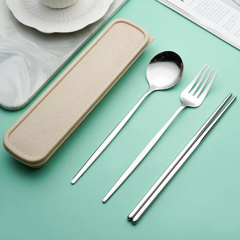 3-in-1 Stainless Steel Portable Utensil Set, Fork Spoon & Chopsticks Travel Cutlery for Picnic, Bento & Camping