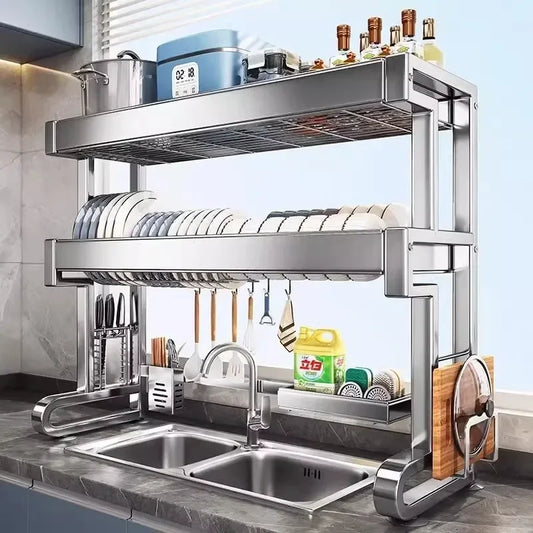 Over Sink Dish Drying Rack Stainless Steel Expandable Drain Bowl Holder Shelf Kitchen Counter Dish Storage Rack Hanger Shelves