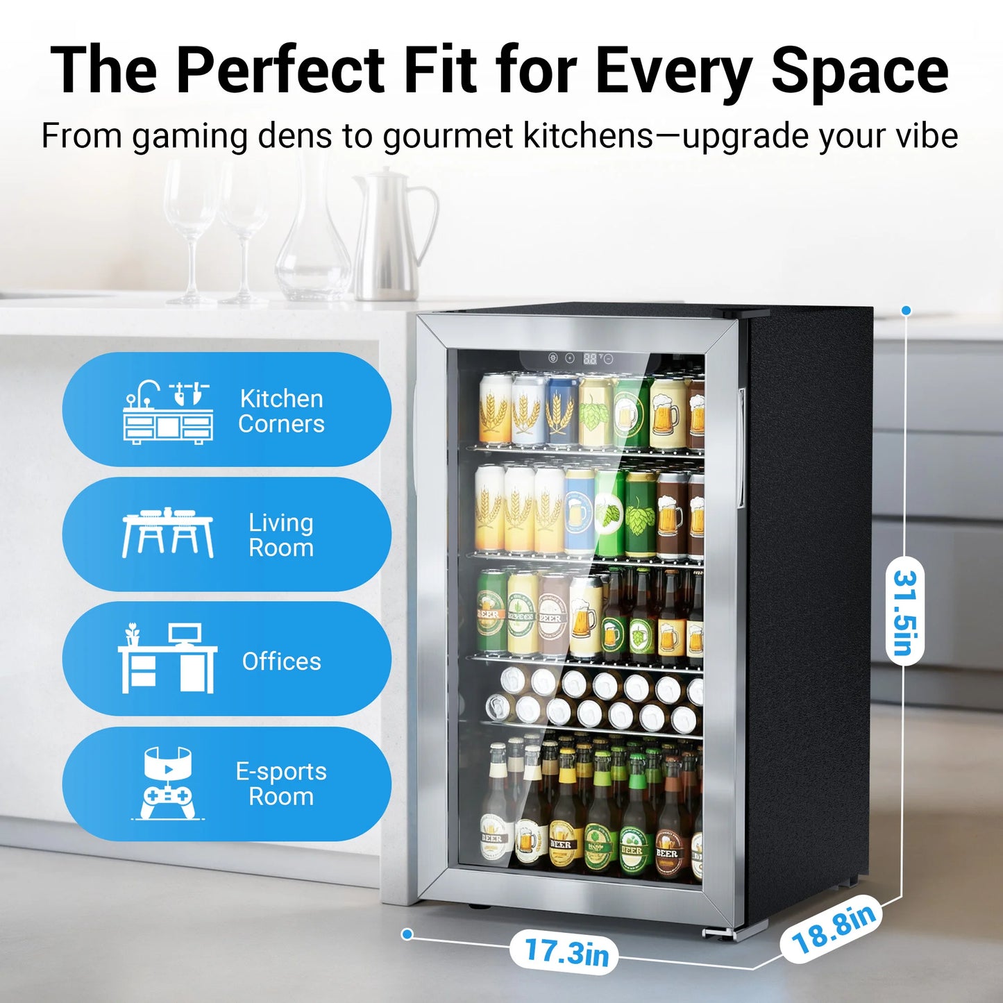 Beverage Refrigerator and Cooler, 130 Can Mini Fridge with Glass Door for Soda Beer for Office, Bar Adjustable Removable Shelves