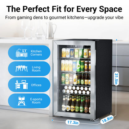Beverage Refrigerator and Cooler, 130 Can Mini Fridge with Glass Door for Soda Beer for Office, Bar Adjustable Removable Shelves