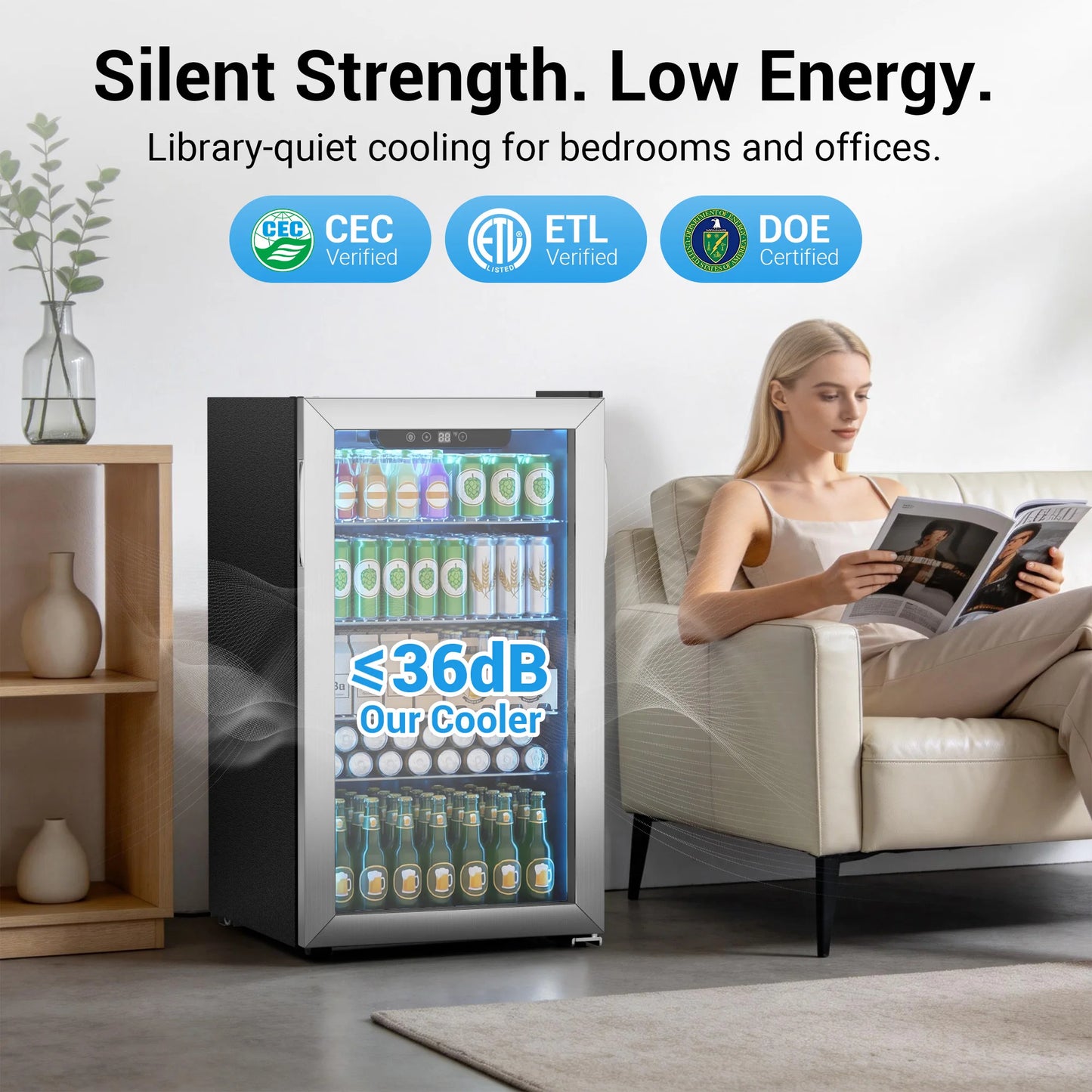 Beverage Refrigerator and Cooler, 130 Can Mini Fridge with Glass Door for Soda Beer for Office, Bar Adjustable Removable Shelves