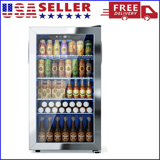 Beverage Refrigerator and Cooler, 130 Can Mini Fridge with Glass Door for Soda Beer for Office, Bar Adjustable Removable Shelves