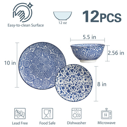 12pcs, Plates and Bowls, Dish Sets for 4 - Scratch Resistant, Dishwasher & Microwave Safe, Vintage Blue